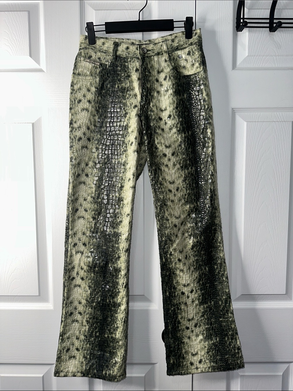 Revolt Jeans Olive Green Croc-Print Wide-Leg Jeans